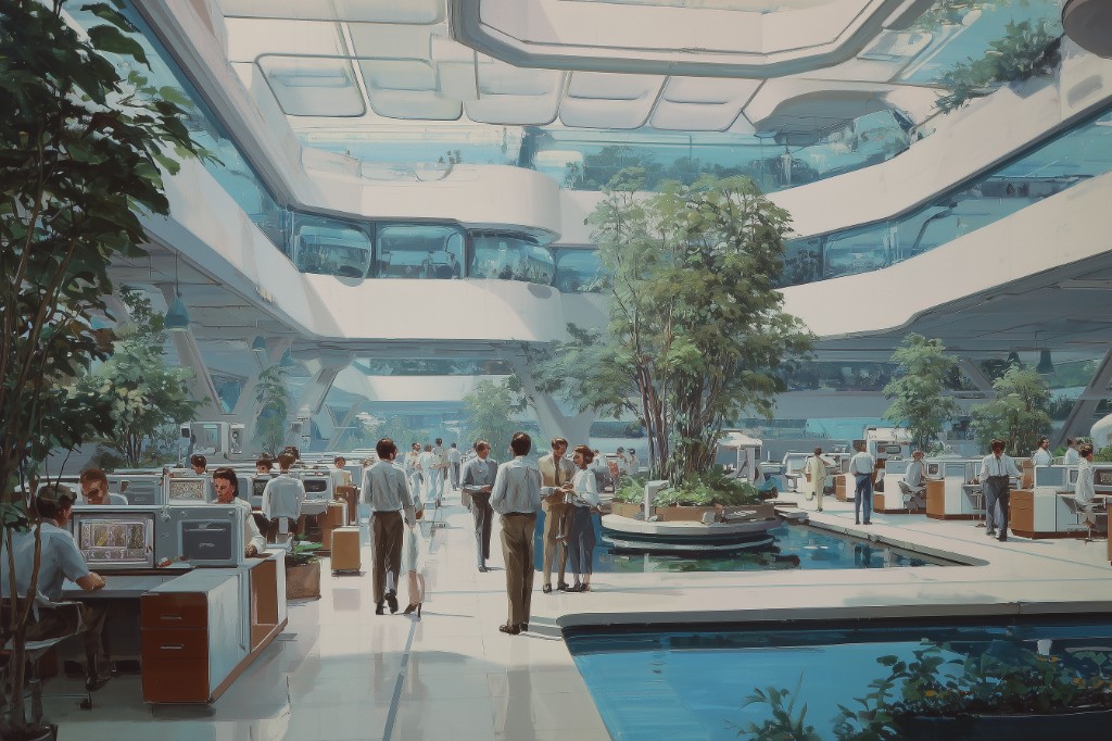 Modern office with natural light, greenery, and collaborative workspace